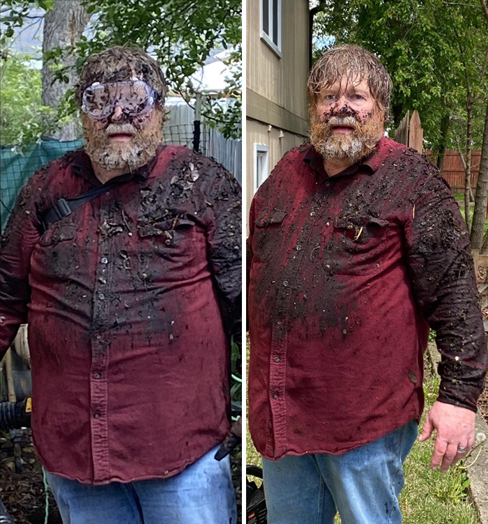 Creo que mi padre se arrepiente de haber decidido limpiar los canalones con un soplador de hojas