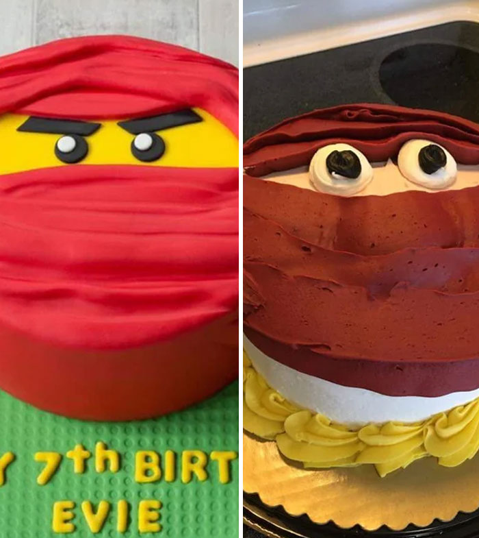 Two side-by-side funny cake fails, one resembling a red ninja and the other with mismatched frosting layers.