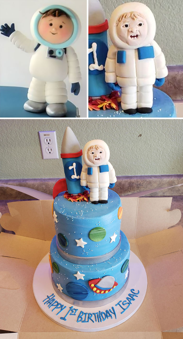 Funny cake fail featuring a cartoonish astronaut on a blue space-themed cake for Isaac's first birthday.
