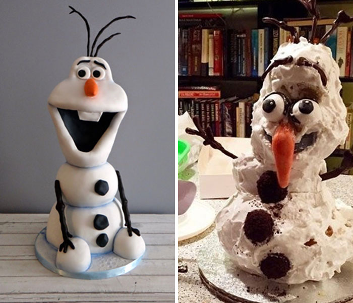 Funny cake fail featuring a melting snowman design next to a professional snowman cake.