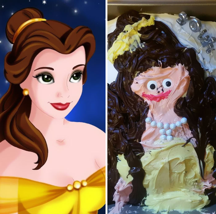 Cake fail featuring a comical attempt at replicating a cartoon princess design.