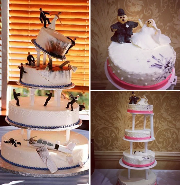Tiered wedding cakes with funny fails, including toppled figures and uneven layers.