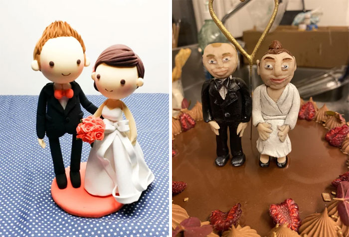 A humorous cake fail featuring amusingly awkward wedding topper figures in comparison to a neat version.