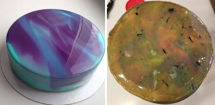 Two cakes: one with a smooth, colorful glaze, another with an uneven and messy appearance, highlighting cake fails.