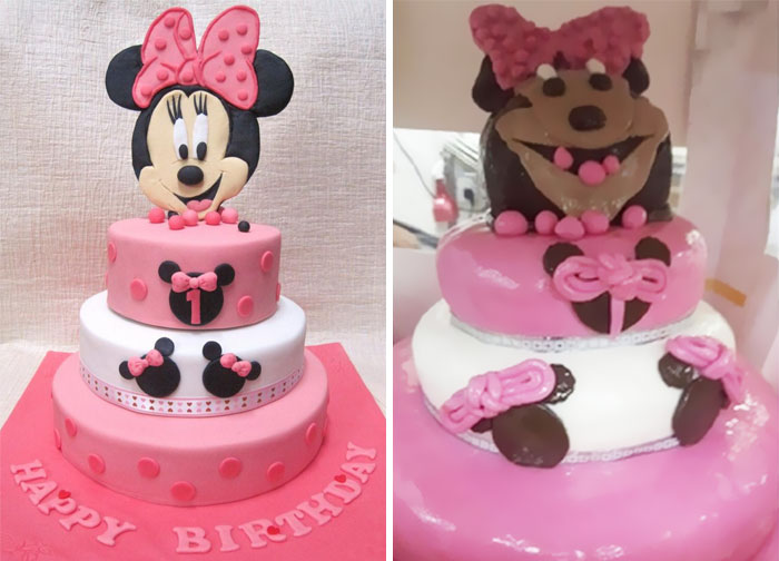 Funny cake fails featuring a botched Minnie Mouse design next to a well-made version.