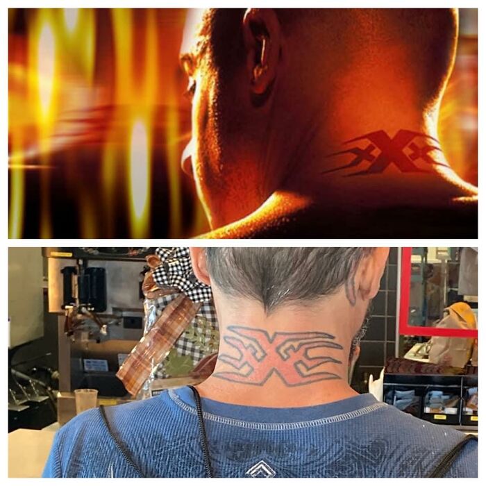 Collage of two neck tattoos with similar designs, highlighting tattoo differences.