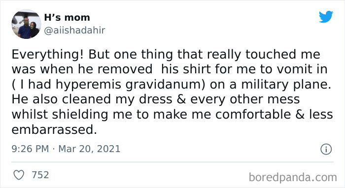 Tweet showing a woman describing how men helped her during pregnancy by caring for her on a military plane.
