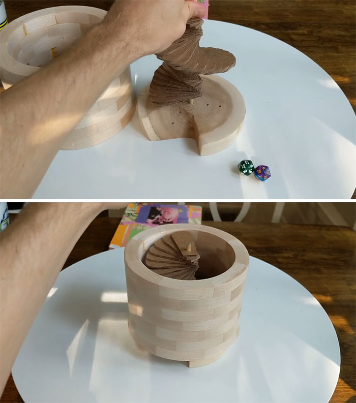 My Two Hobbies Are Dnd And Woodworking. Here's My Prototype For A Spiral Staircase Dice Tower