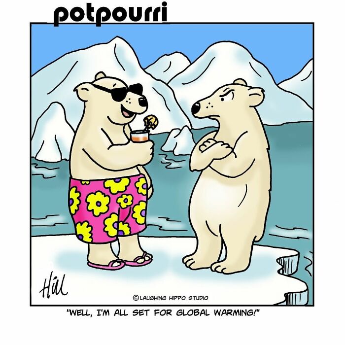 Two polar bears on ice, one in sunglasses and colorful shorts with a drink, illustrating a comic about global warming.