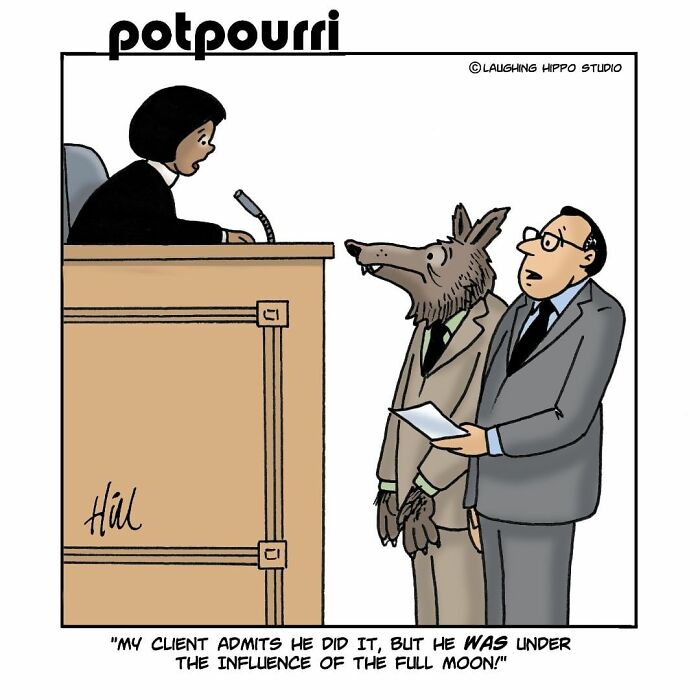 One-panel comic by Laughing Hippo Studio showing a lawyer defending a werewolf client in court.