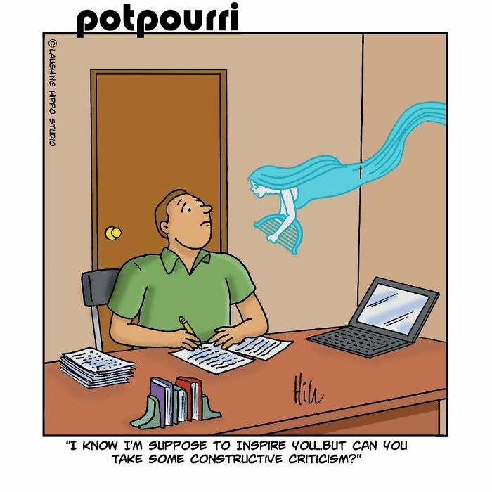 Man at desk receiving constructive criticism from a blue ghostly figure in a one-panel comic by Laughing Hippo Studio.