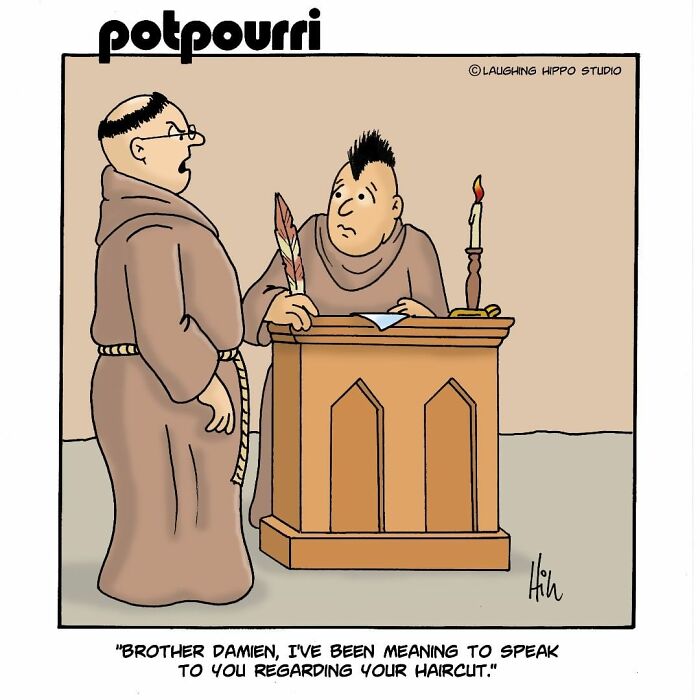 One-panel comic by Laughing Hippo Studio showing two monks, one commenting on the other's haircut.
