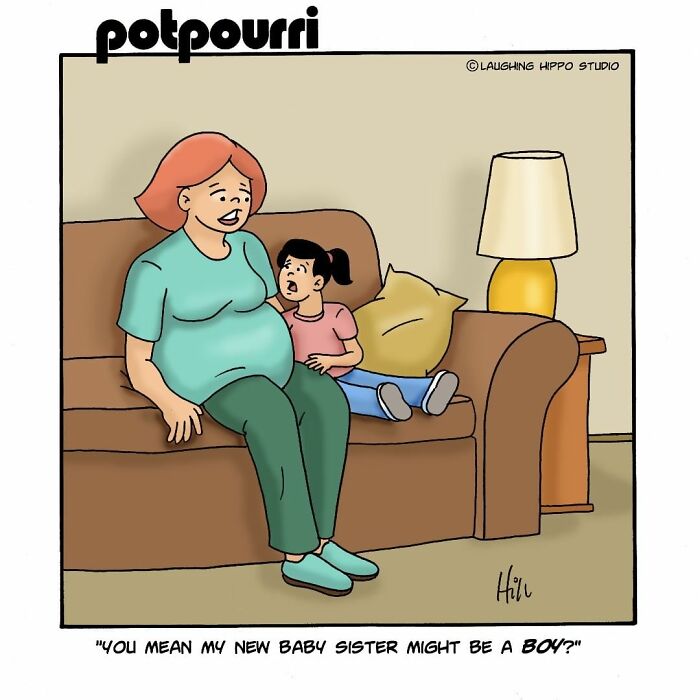 Cartoon of a woman and child on a couch in a one-panel comic by Laughing Hippo Studio, humorous family moment.