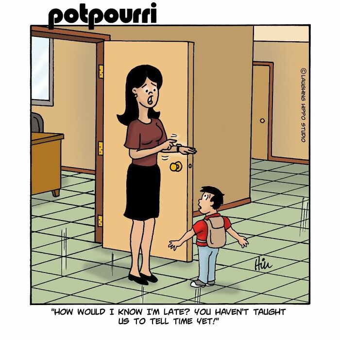 Woman talking to young boy at a doorway in a one-panel comic by Laughing Hippo Studio with humorous dialogue.