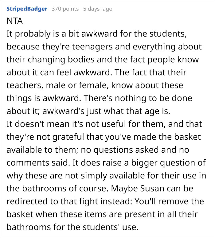 Female Colleague Calls Out This Male Teacher For Keeping A Basket Full Of Tampons And Pads For His Students