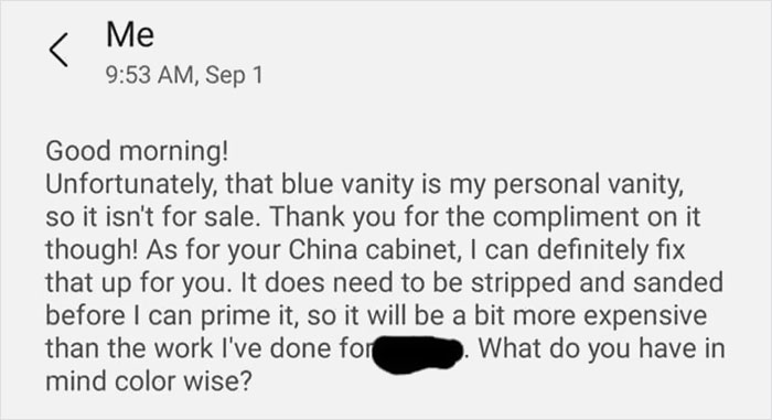 Choosing Beggar Loses It When Furniture Restorer Refuses To Work On Her Terms