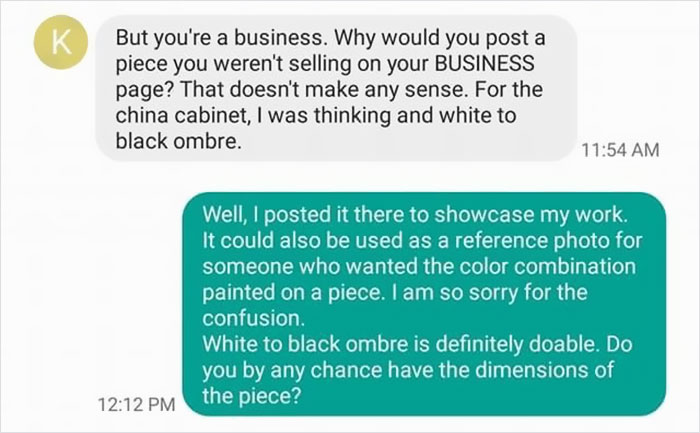 Choosing Beggar Loses It When Furniture Restorer Refuses To Work On Her Terms