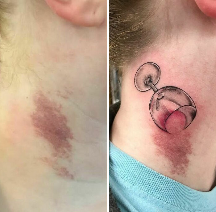 Tattoo cover-up of birthmark on neck with wine glass design, showing transformation.