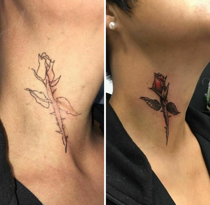 Tattoo of a rose covering a neck scar, showing before and after transformation.
