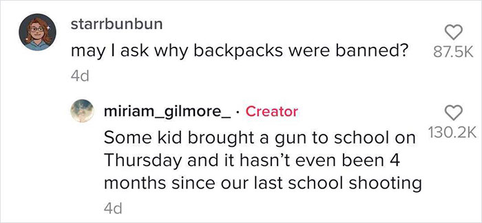 Students Can't Believe The Ridiculous US School Backpack Ban, Improvise With Random Household Items Students Can't Believe The Ridiculous US School Backpack Ban, Improvise With Random Household Items