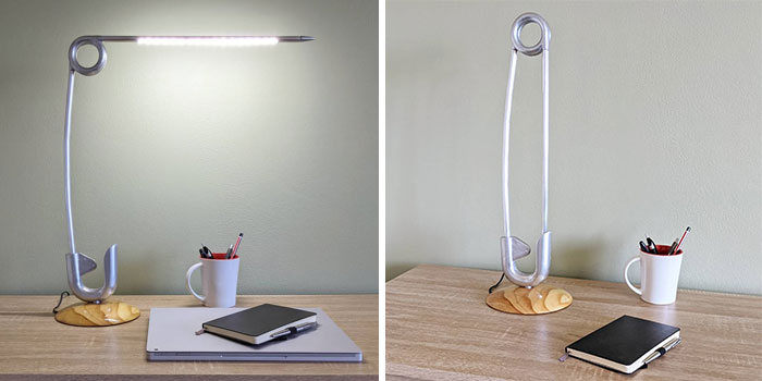 Giant Safety Pin Lamp I Made From Aluminium And 3D Printed Parts. It Turns Off When You Close The Pin And There's A Second Switch In The Point