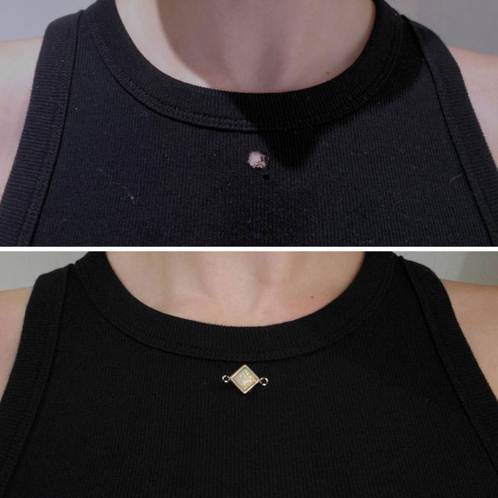 Mi rata mascota le hizo un agujero a mi nueva camiseta sin mangas así que utilicé un poco de creatividad para solucionarlo. Es la primera vez que hago un remiendo visible