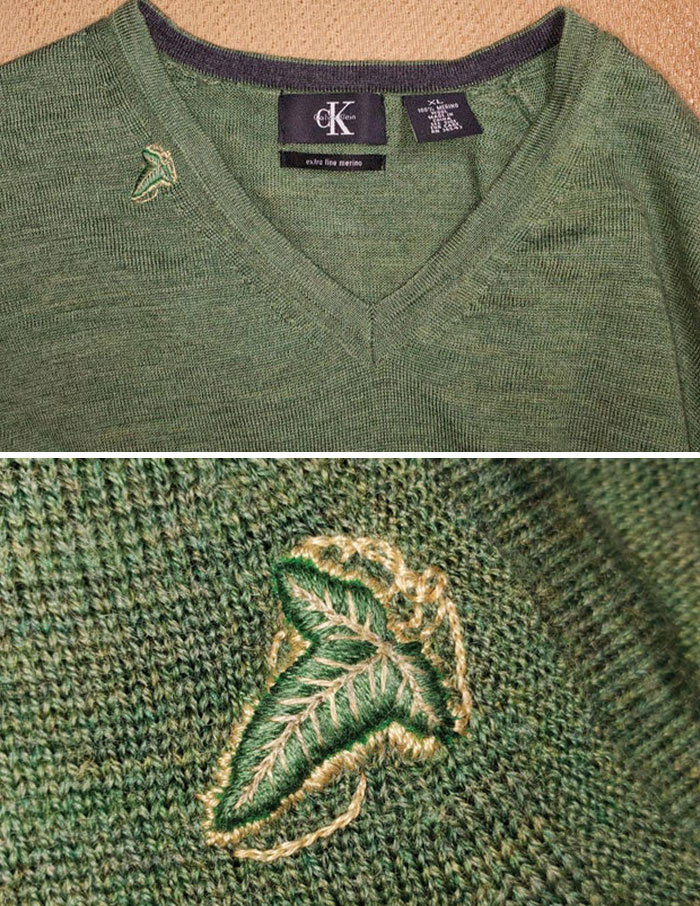 Rescued Husband's Sweater From A Hole By Embroidering A Leaf Of Lorien Over It