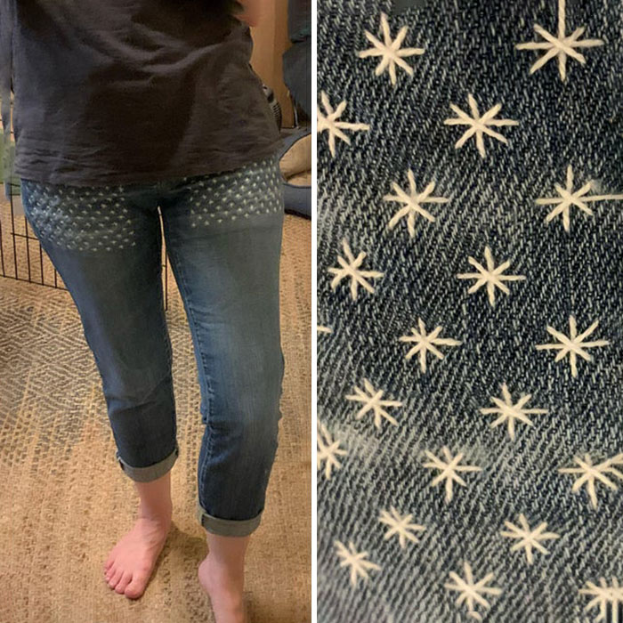 Se estaba gastando la zona de los muslos de mis pantalones favoritos así que les puse un parche por dentro e hice un bordado sashiko para que quedaran bonitos