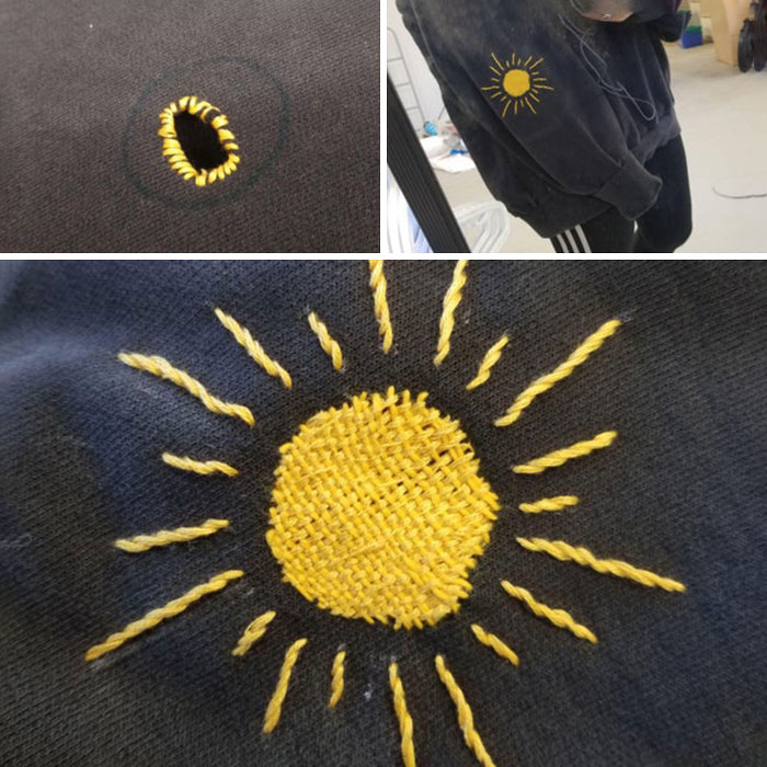 ¡Un antes y después de mi primera vez utilizando una técnica de trenzado para remendar un agujero en mi sudadera! Sé que necesito practicar más, pero me gustó cómo quedó