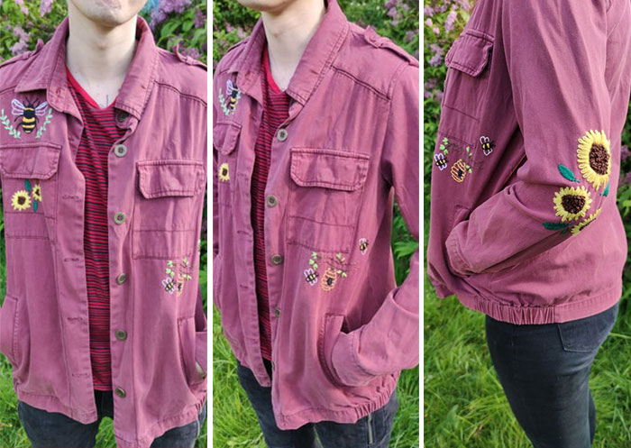 ¡Hola! Mi chaqueta tenía unas manchas negras grandísimas sobre la zona del codo izquierdo. La verdad es que no quería tirarla así que decidí bordarle unos girasoles