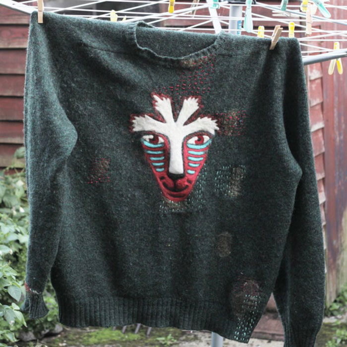 An Incredibly Moth Eaten Jumper I Needle Felted The Face Of The Forest Spirit From Princess Mononoke Over. Also, If You Look Closely, You Can See I Did Lots Of Smaller, Less Ambitious Repairs Using Felt And Thread To The Rest