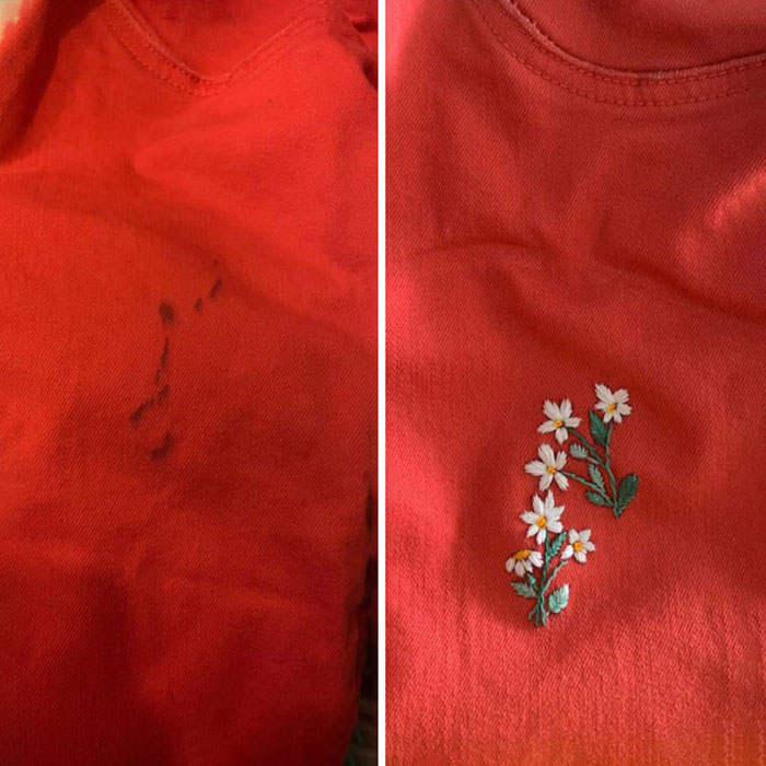 ¡Cubrí unas manchas de tinta que tenían los pantalones de maternidad que me regaló mi vecina! Es la primera vez que hago un remiendo visible y creo que me volví adicta 