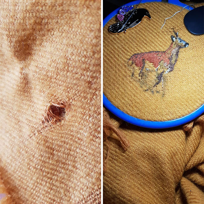 Estoy en el proceso de arreglar mi bufanda con un corzo. Me había costado 2 libras (creo) en una tienda de segunda mano y llevo unas cuantas horas haciendo esto, pero no me importa porque ahora me gusta aún más