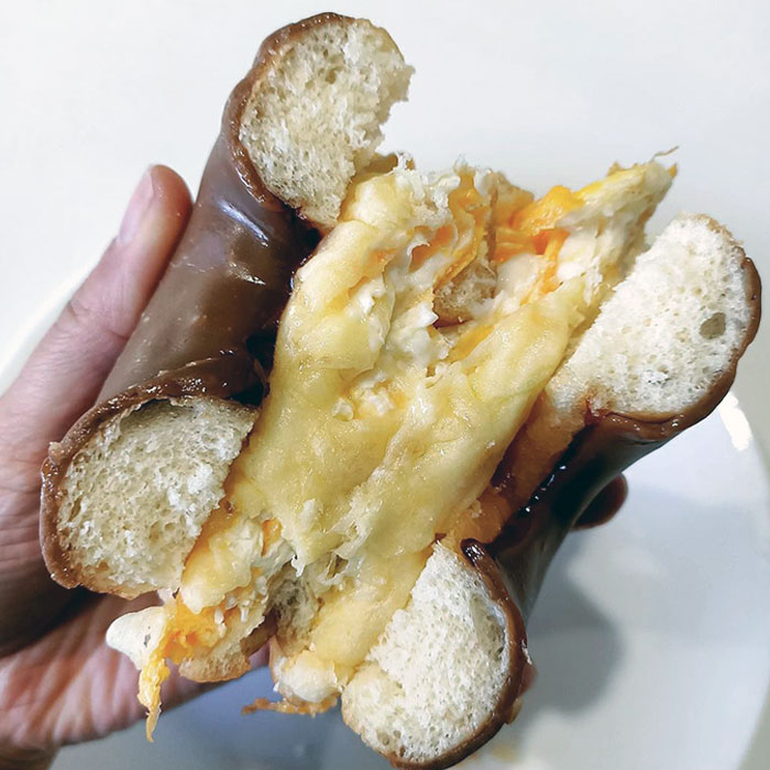 Chocolate Ring Doughnut, Scrambled Eggs, Melted, Tasty Cheese