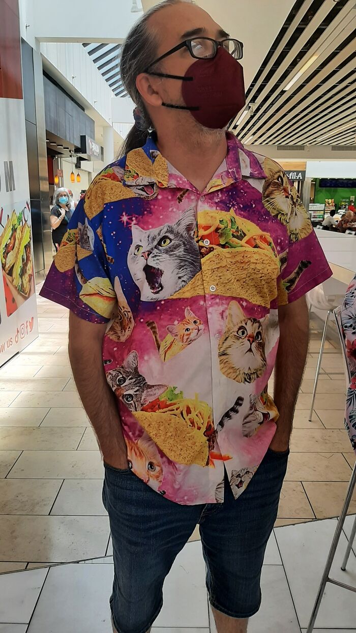 Found At Goodwill And It Fits My Husband Perfectly. Cats And Tacos. His Favorites