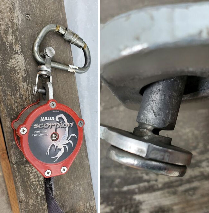 Fall Protection Pin Nearly Worn Through! Almost Looks Cut Intentionally? Guesses?