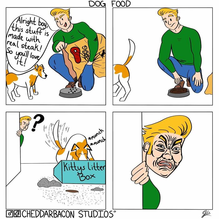 Man feeding dog food made with steak, dog eats kitty litter instead, comic humor by Cheddar Bacon Studios.