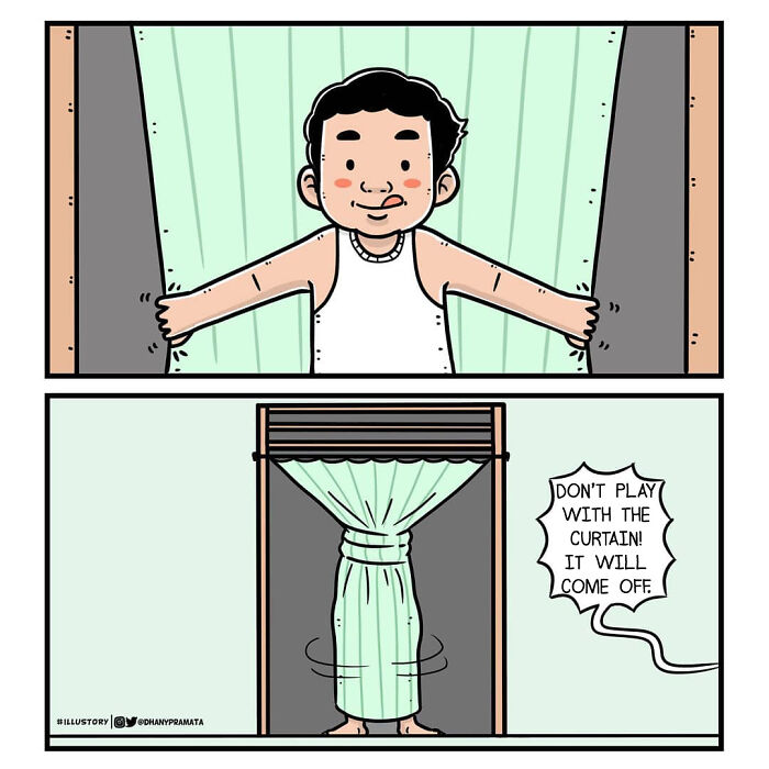 Childhood nostalgia comic showing a boy playing with a curtain, capturing relatable moments by an Indonesian artist.