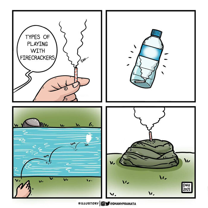 Comic panels showing childhood nostalgia with different playful firecracker uses, illustrated by an Indonesian artist.