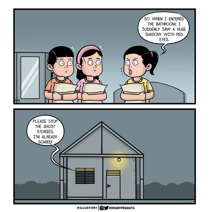 Three children sharing childhood nostalgia, telling ghost stories, and showing relatable emotions in an Indonesian comic panel.