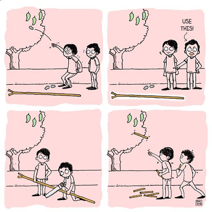 Two kids use a stick and saw to throw beans from a tree in a relatable childhood nostalgia comic by an Indonesian artist.