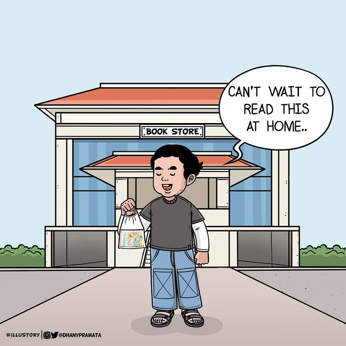 Childhood nostalgia comic showing a boy excited to read a new book from the bookstore by an Indonesian artist.