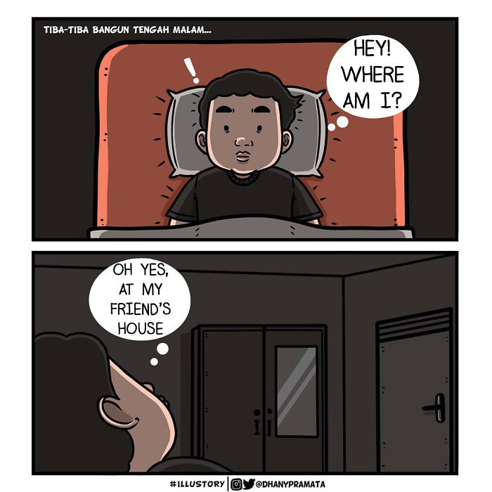 Childhood nostalgia comic of a person waking up confused at a friend’s house in a relatable illustrated scene.