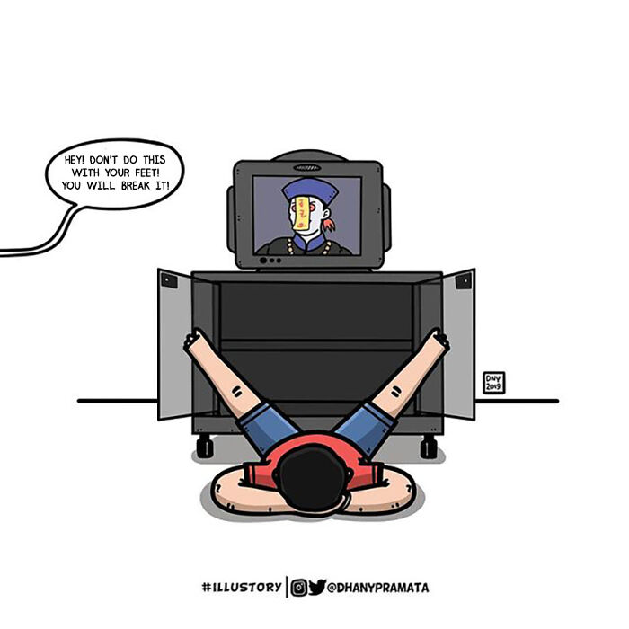 Child lying on the floor with feet on a cabinet watching TV, relatable childhood nostalgia comic by Indonesian artist.