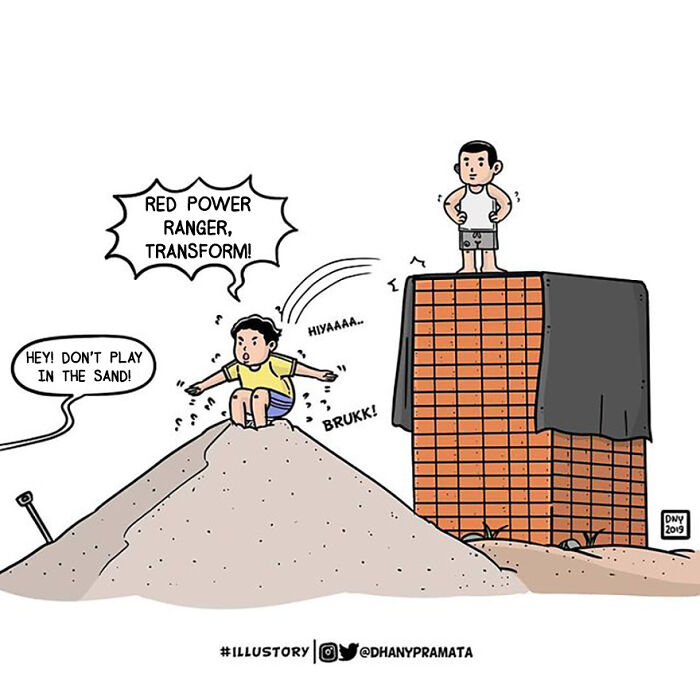 Childhood nostalgia comic showing kids playing with sand and bricks, capturing relatable moments by an Indonesian artist.