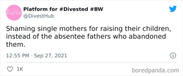 Tweet stating shaming single mothers instead of absentee fathers as an example of outdated toxic social customs to be retired.