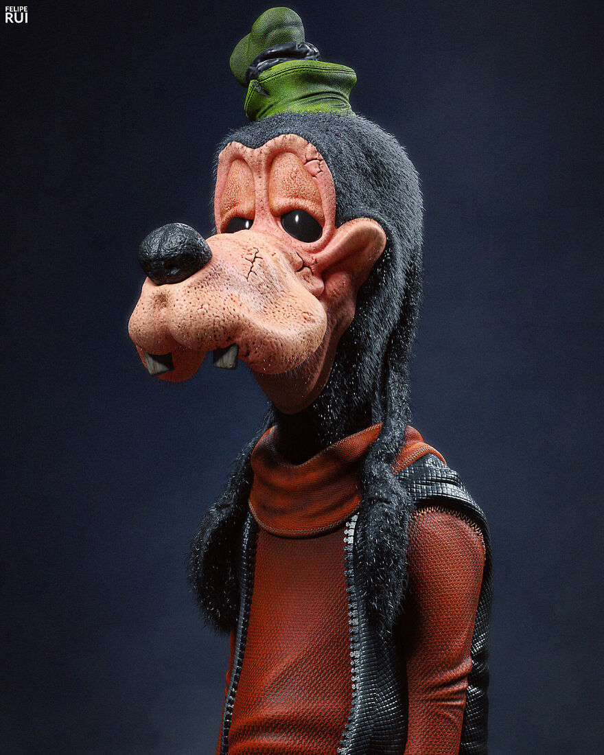 Terrifying digital artist creation of a popular character with c*****d skin and eerie eyes, designed to keep you up at night.