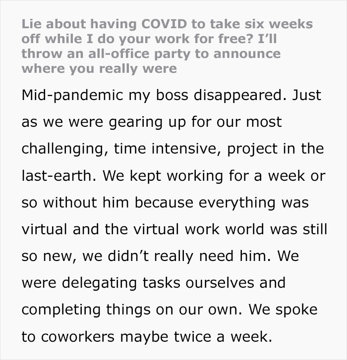 Boss Vanishes For 8 Weeks Saying He Has Covid, Employee Finds Out The Truth And Throws A Party To Reveal Where He Actually Was