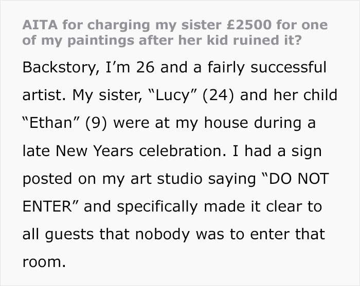 Woman Wants To Know If She Is The Jerk For Charging Her Sister $3,400 For A Painting Her 9 Y.O. Nephew Ruined