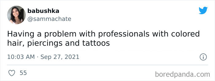 Tweet showing someone sharing outdated social customs about professionals with colored hair, piercings, and tattoos.